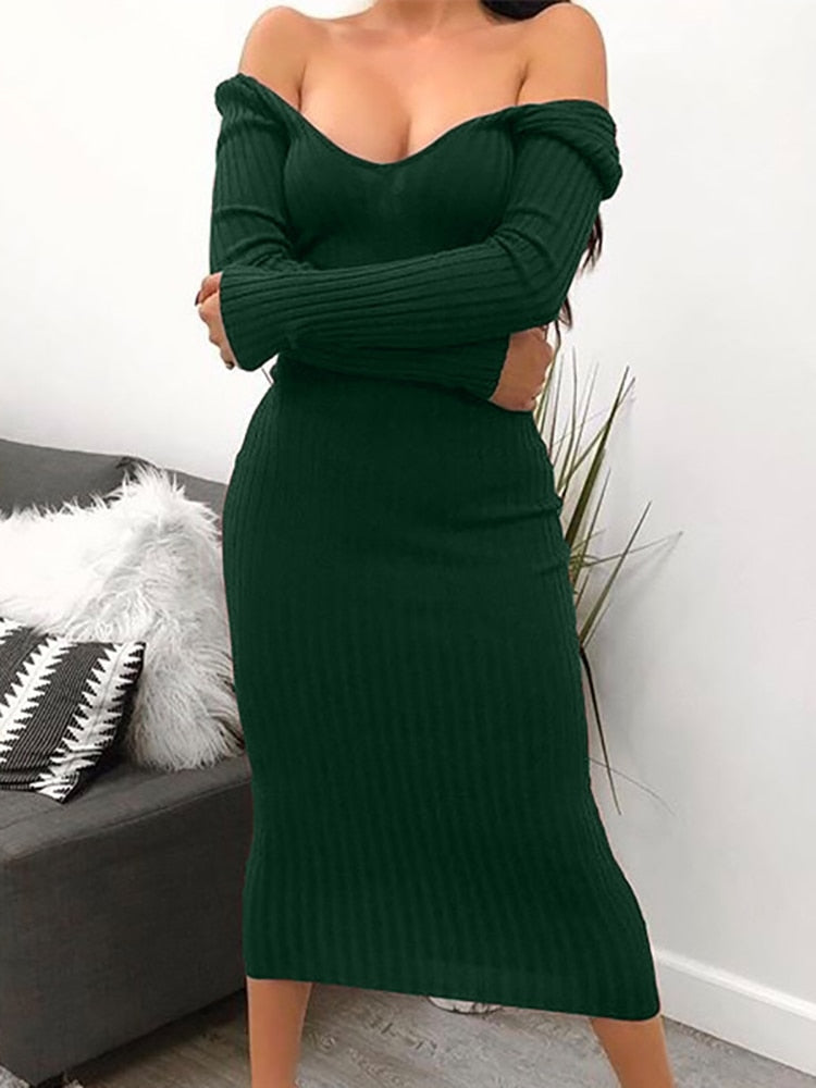 Sexy Bodycon Midi Woman Dress Knitted Long Sleeve V Neck Party Elegant Robe Women&