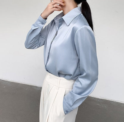 Spring Loose Women Satin Blouses Long Sleeve Single-breasted Female Shirts Top