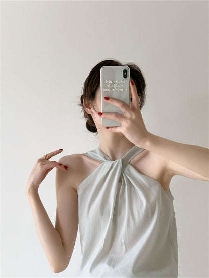 Backless Camis Women Summer Polka Dot Twist Halterneck Vest Female Casual Chiffon Tops