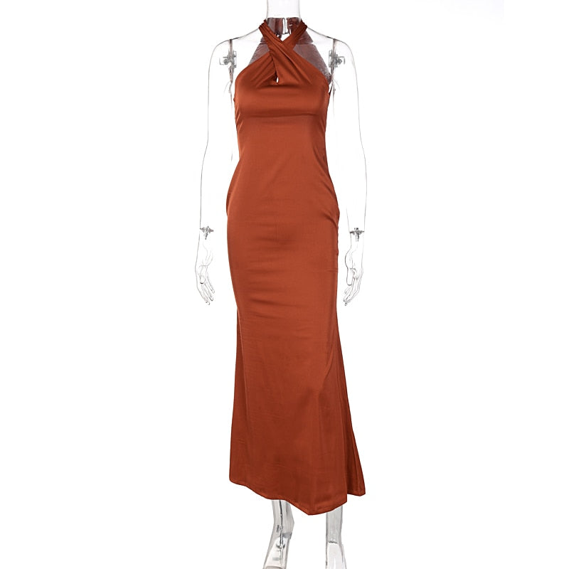 Solid Satin Halter Sleeveless Slim Bodycon Maxi Dress