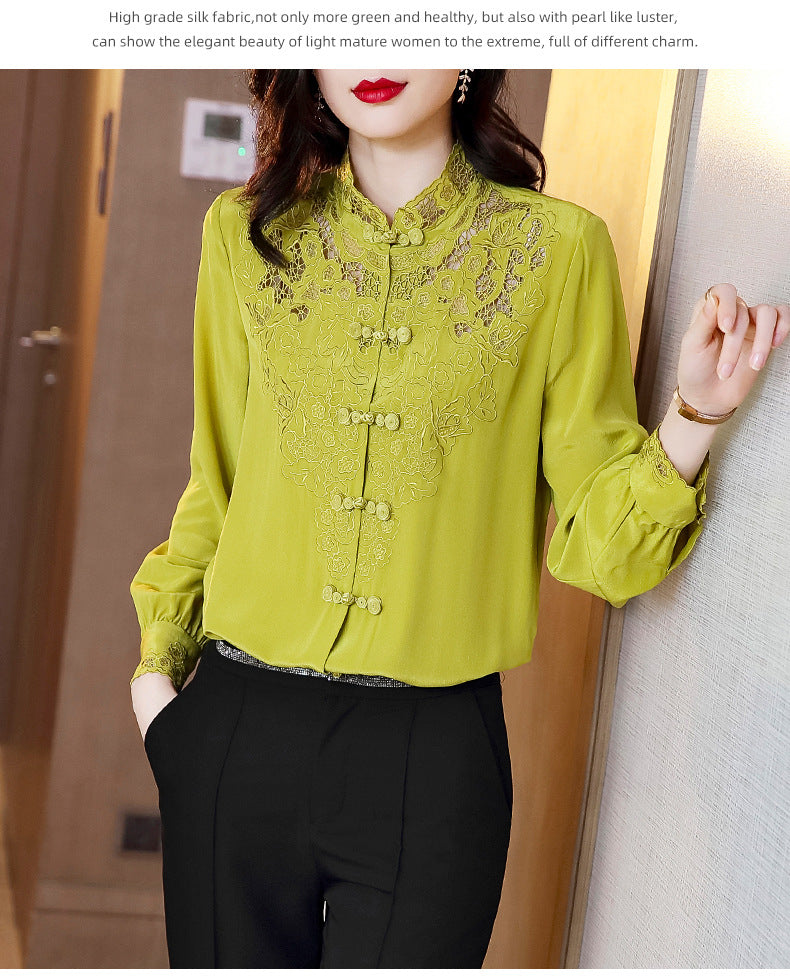 Embroidery Hollow Blouse Women Long Sleeve Imitation Silk Top Loose Vintage Shirt Plus Size