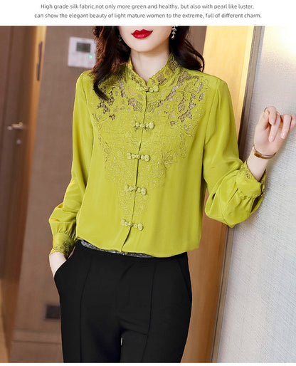 Embroidery Hollow Blouse Women Long Sleeve Imitation Silk Top Loose Vintage Shirt Plus Size
