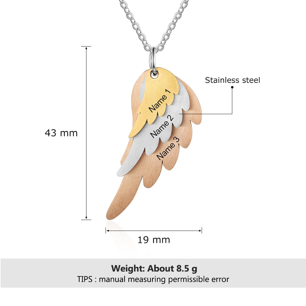 Wings Necklace with 3 Names Mixed Steel &amp; Rose Gold &amp; Gold Color Custom Family Necklace