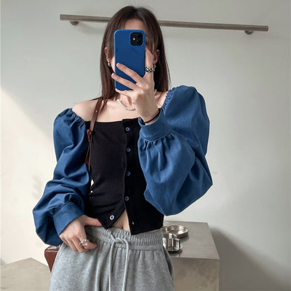 Patchwork Denim Shirts Women French Square Collar Puff Blouses Long Sleeve Crop Tops