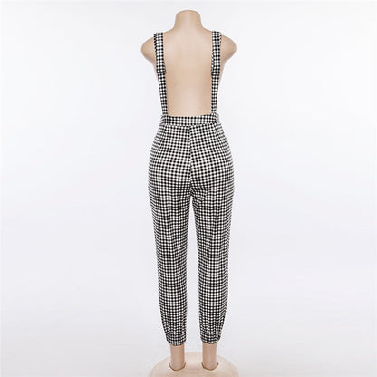 Women Straps Jumpsuits Ladies Summer Plaids Checked Playsuits Backless Outfits White&amp;Black