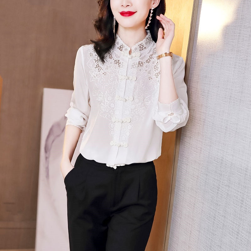 Embroidery Hollow Blouse Women Long Sleeve Imitation Silk Top Loose Vintage Shirt Plus Size