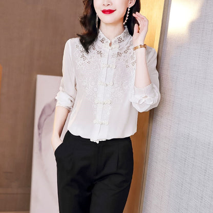 Embroidery Hollow Blouse Women Long Sleeve Imitation Silk Top Loose Vintage Shirt Plus Size