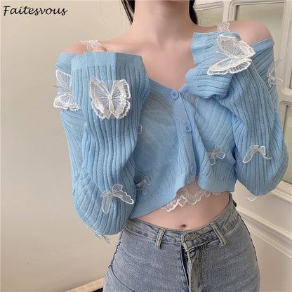 Butterfly Knit Cardigans Women V-Neck Crop Tops Ladies Summer Thin Long Sleeved