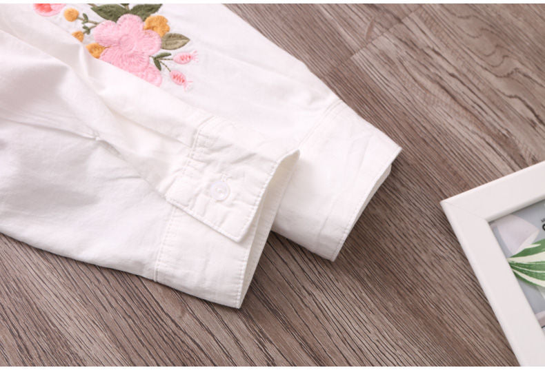 White Shirt Casual Wear Button Up Turn Down Collar Long Sleeve Cotton Blouse Embroidery