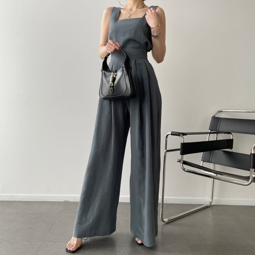 Office Ladies 2-Piece Women Square Neck Loose Vest Top + High Waist Pleated Wide Leg Pants