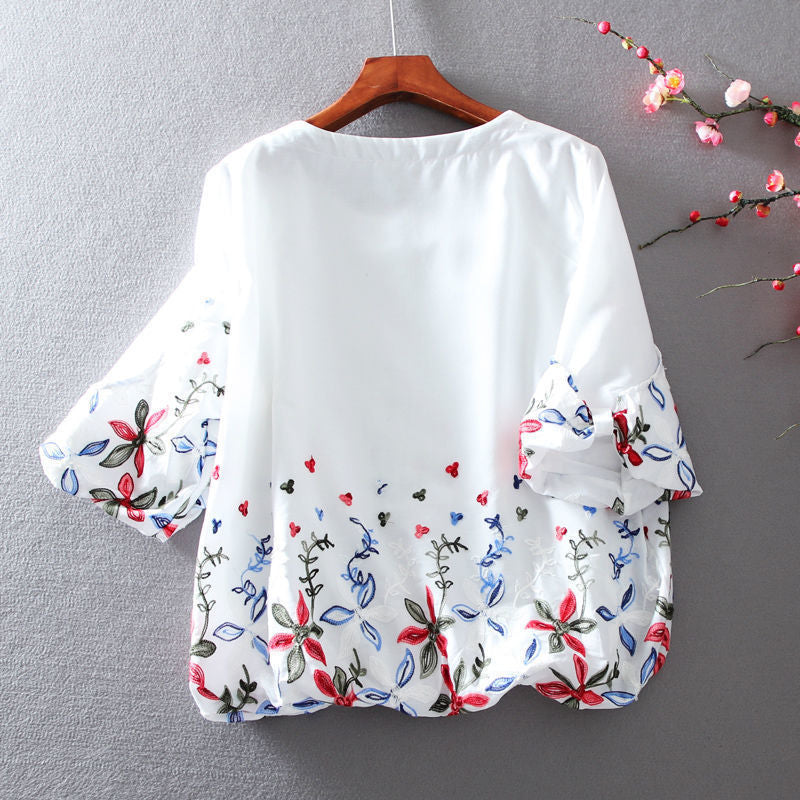 White Chiffon Blouse Short Sleeve Women Stripe Flower Print Top Loose Shirt