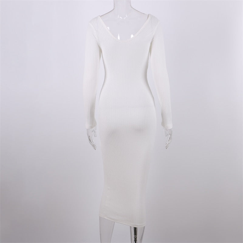 Sexy Bodycon Midi Woman Dress Knitted Long Sleeve V Neck Party Elegant Robe Women&