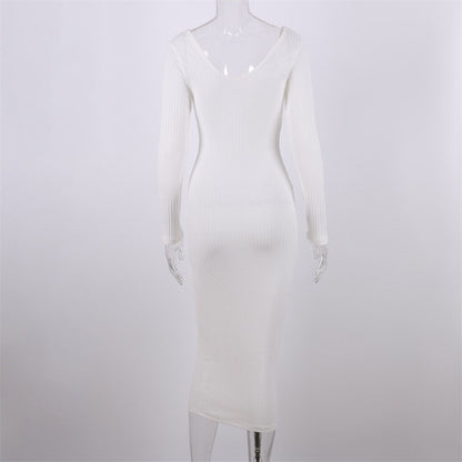 Sexy Bodycon Midi Woman Dress Knitted Long Sleeve V Neck Party Elegant Robe Women&