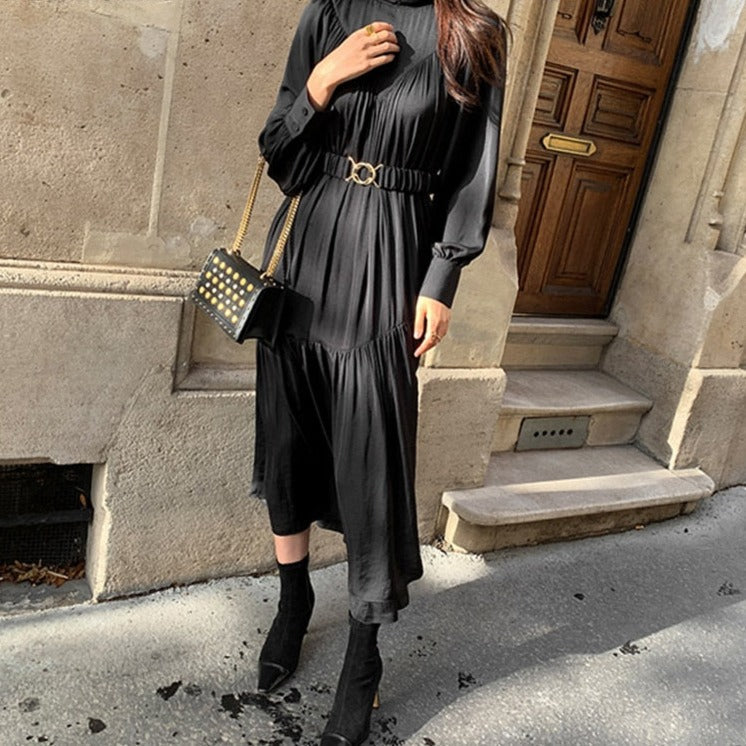 Mid-Long Loose Dress Female Vintage Turtleneck Spring Dress Vestidos Femme Robe