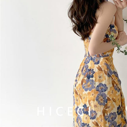 Women Floral Strap Dress Summer French Vintage Square Collar Slit Sleeveless Long Dresses