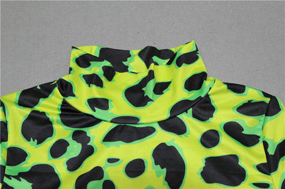 Women Long Sleeve Leopard Skin Prinetd Bodysuit Sexy Neon Green Streetwear Jumpsuit