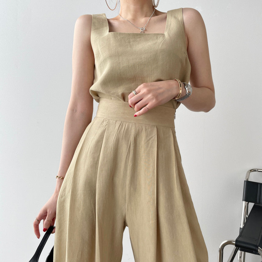 Office Ladies 2-Piece Women Square Neck Loose Vest Top + High Waist Pleated Wide Leg Pants