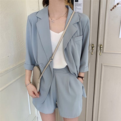 Blazer Set Women Korean Fashion Thin Jackets Casual Loose Shorts Two Piece Suits Female