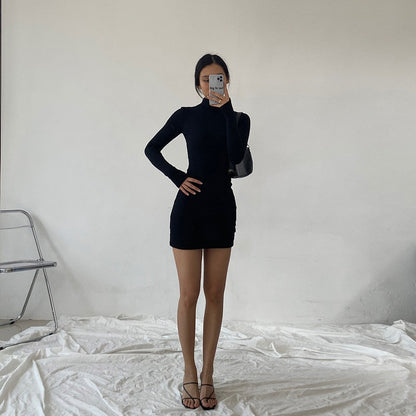 Spring Autumn Fashion Turtleneck Skinny Mini Dress Women Rib Knit Keep Warm Long Sleeve Dress
