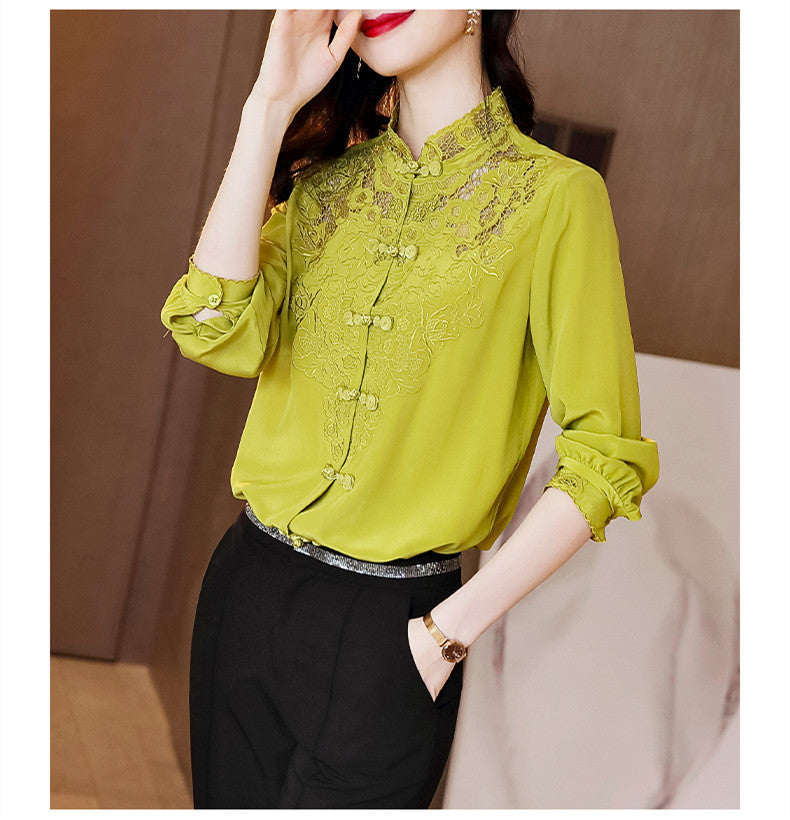 Embroidery Hollow Blouse Women Long Sleeve Imitation Silk Top Loose Vintage Shirt Plus Size