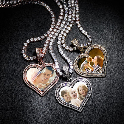 Custom Photo Pendant Heart-shaped Medal Necklace Iced Cubic Zirconia Pendant Hip Hop Jewelry