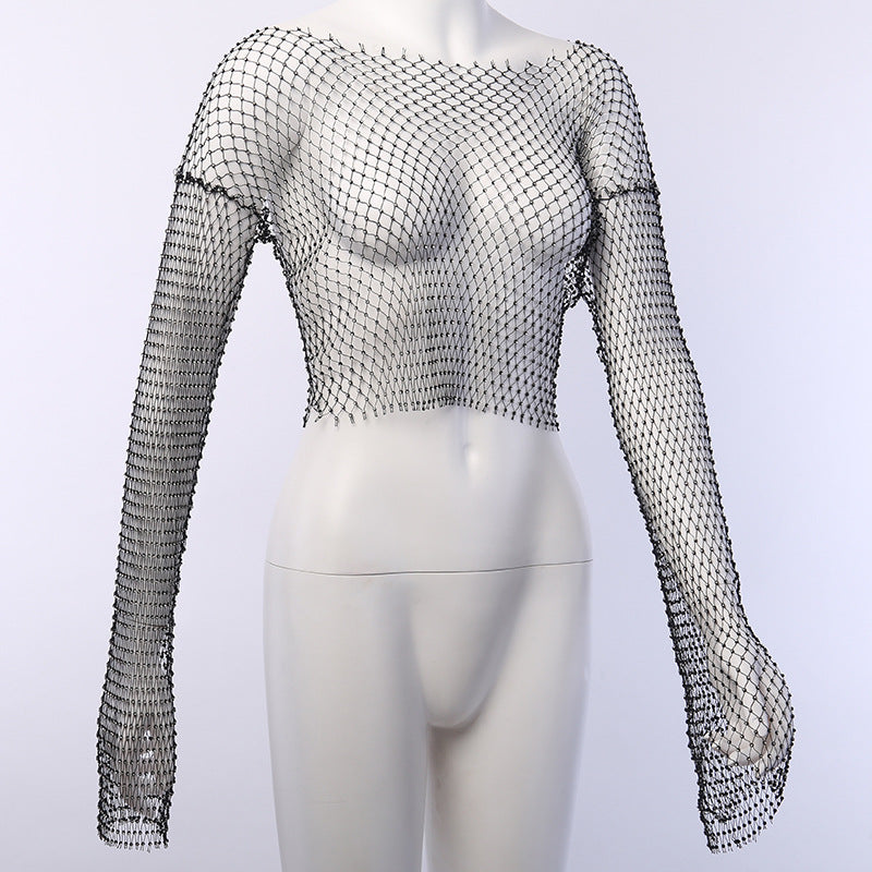 Crystal Diamond See Through Crop Tops Women Hollow Out Beachwear Tops Shiny Sexy Party Top