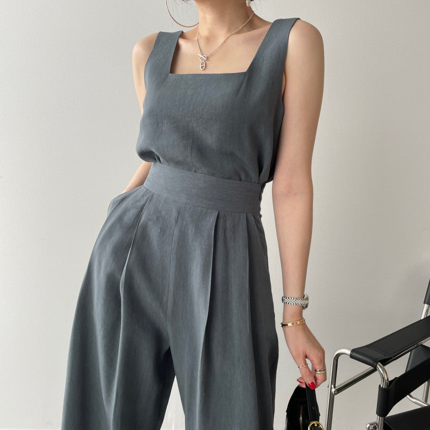 Office Ladies 2-Piece Women Square Neck Loose Vest Top + High Waist Pleated Wide Leg Pants
