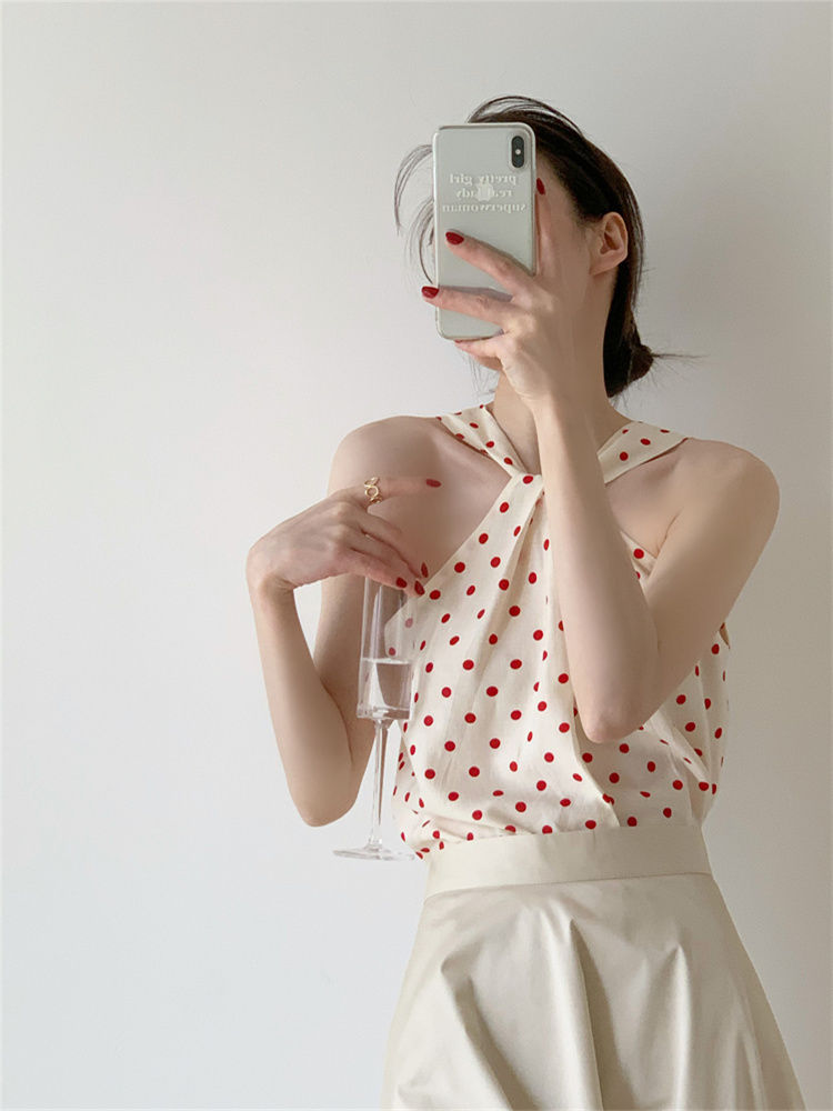 Backless Camis Women Summer Polka Dot Twist Halterneck Vest Female Casual Chiffon Tops