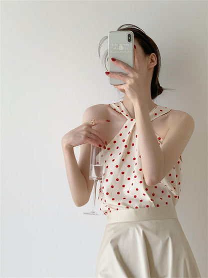 Backless Camis Women Summer Polka Dot Twist Halterneck Vest Female Casual Chiffon Tops