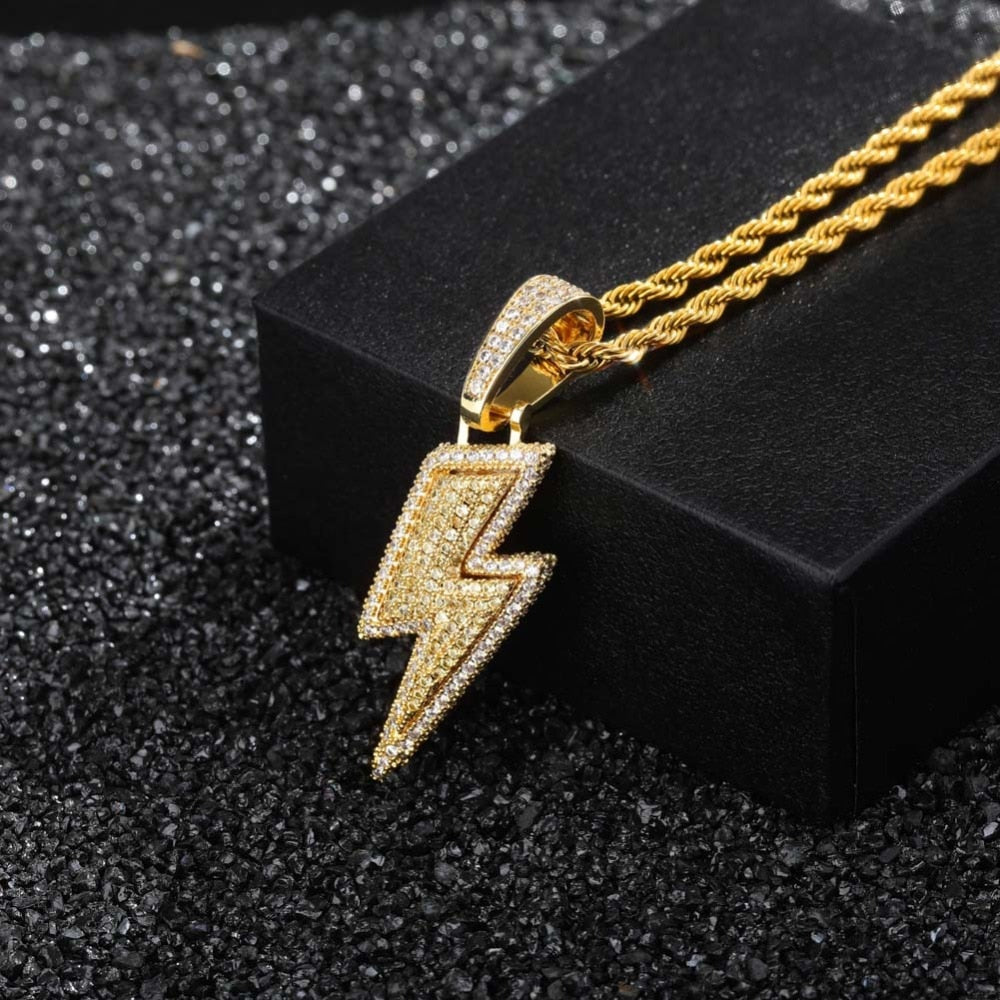 Iced Out Bling Lightning Pendants With Tennis Chain Copper Material Men&