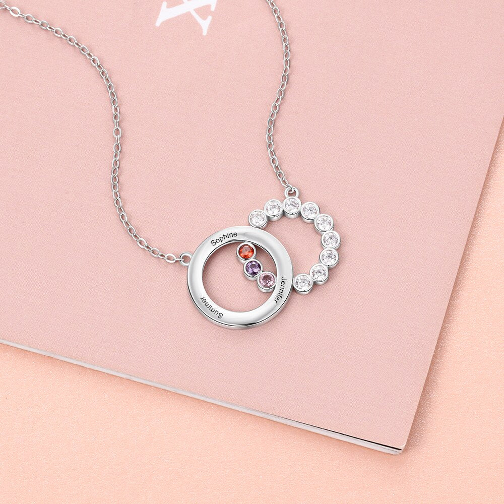 Personalized Name Interlocking Circle Pendants Custom 3 Birthstones Necklaces