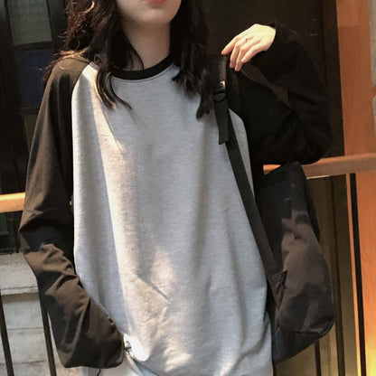 Female T-shirt Round collar Contrast Color Long Sleeve T Shirt Women spring T-Shirts