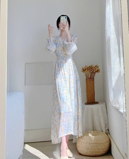 V-neck Chiffon Floral Dress Women Spring Summer Fairy Long Dresses Female