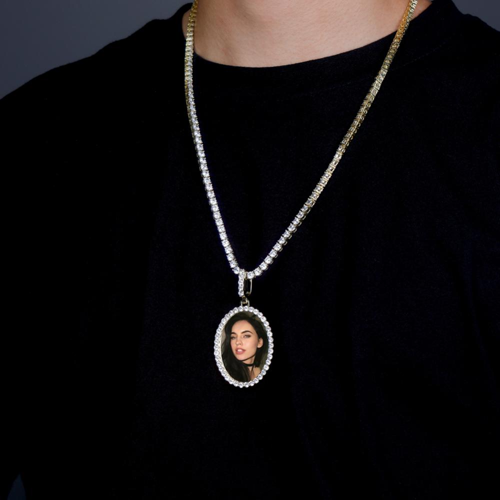 Custom Photo Pendant Oval Medal Pendant Ice Zircon Pendant Necklace Fashion Hip Hop Jewelry