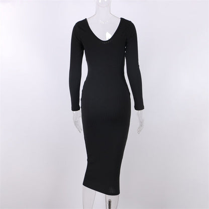 Sexy Bodycon Midi Woman Dress Knitted Long Sleeve V Neck Party Elegant Robe Women&