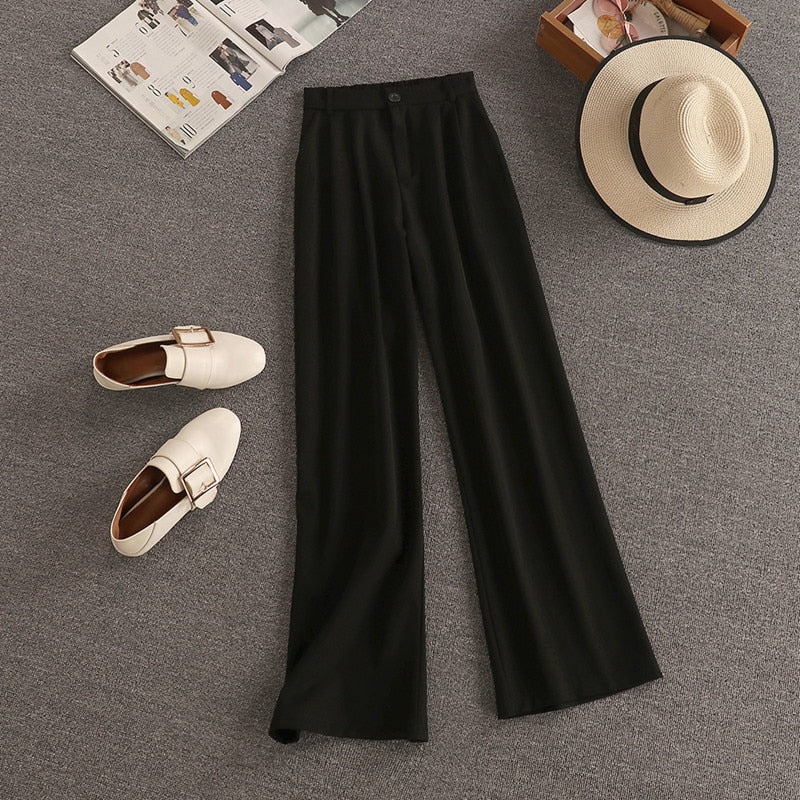 Streetwear Two Piece Set Women Crop Top Shirt Blouse + Wide Leg Pant Suits Vintage Pants Sets
