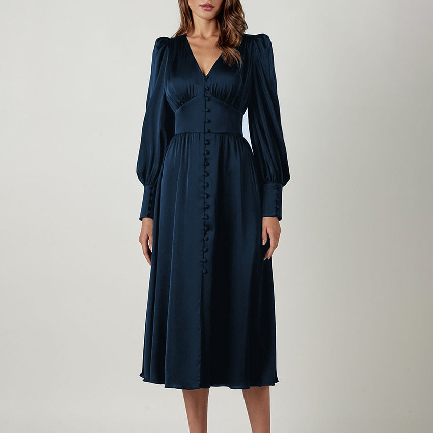 Single Breasted Dress High Waist Satin Long Dress V Neck Women Midi Dresses Lantern Sleeve