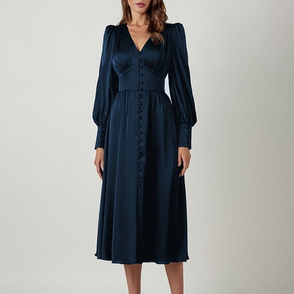 Single Breasted Dress High Waist Satin Long Dress V Neck Women Midi Dresses Lantern Sleeve