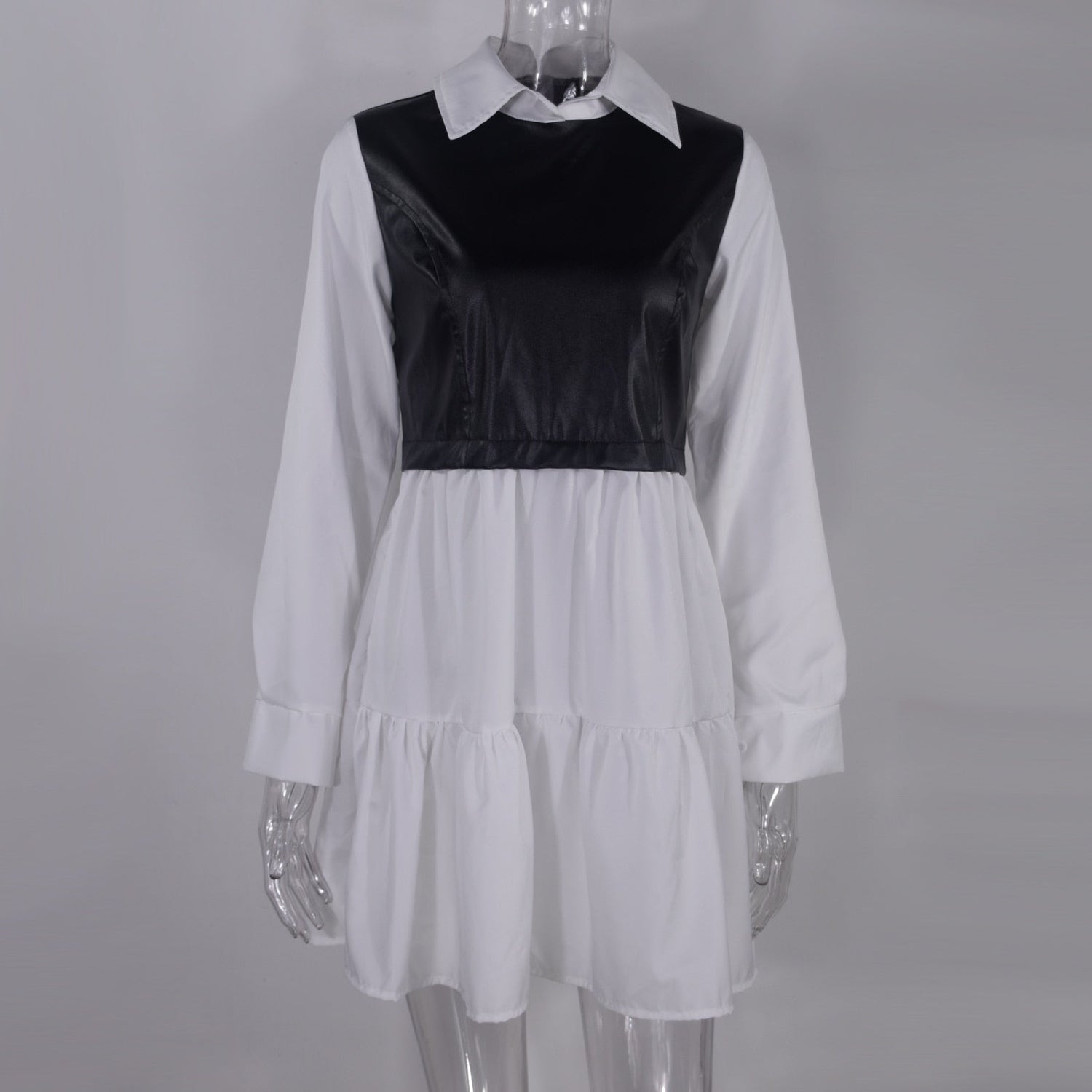 Long Sleeve Mini Shirt Dress For Women White 2022 Spring PU Leather Patchwork Plaid Dresses