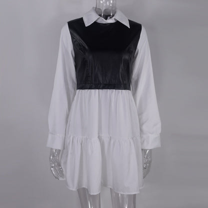 Long Sleeve Mini Shirt Dress For Women White 2022 Spring PU Leather Patchwork Plaid Dresses