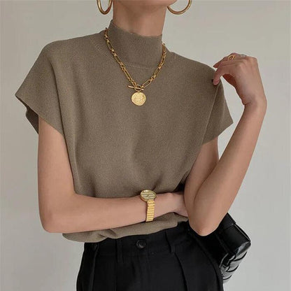 French Turtleneck Knitted Women Spring Summer Design Loose Short Sleeve Cropped Tops Female