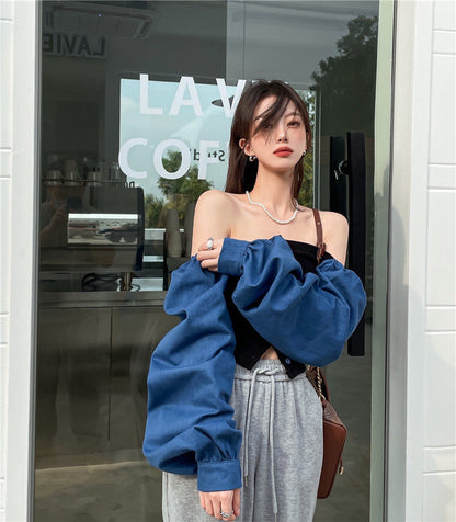 Patchwork Denim Shirts Women French Square Collar Puff Blouses Long Sleeve Crop Tops