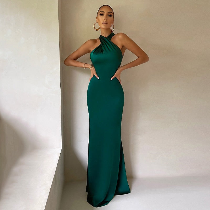 Solid Satin Halter Sleeveless Slim Bodycon Maxi Dress