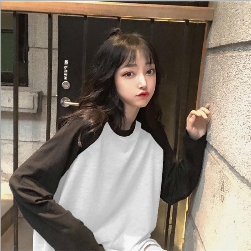 Female T-shirt Round collar Contrast Color Long Sleeve T Shirt Women spring T-Shirts