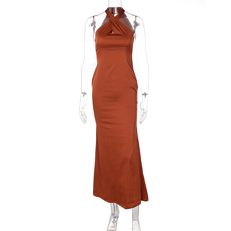 Solid Satin Halter Sleeveless Slim Bodycon Maxi Dress