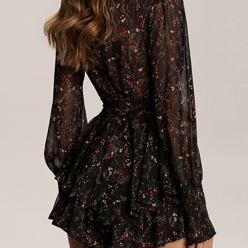 Spring Vintage Perspective Floral Print Dress Women Long Sleeve Chiffon A Line Mini Dress Vestidos