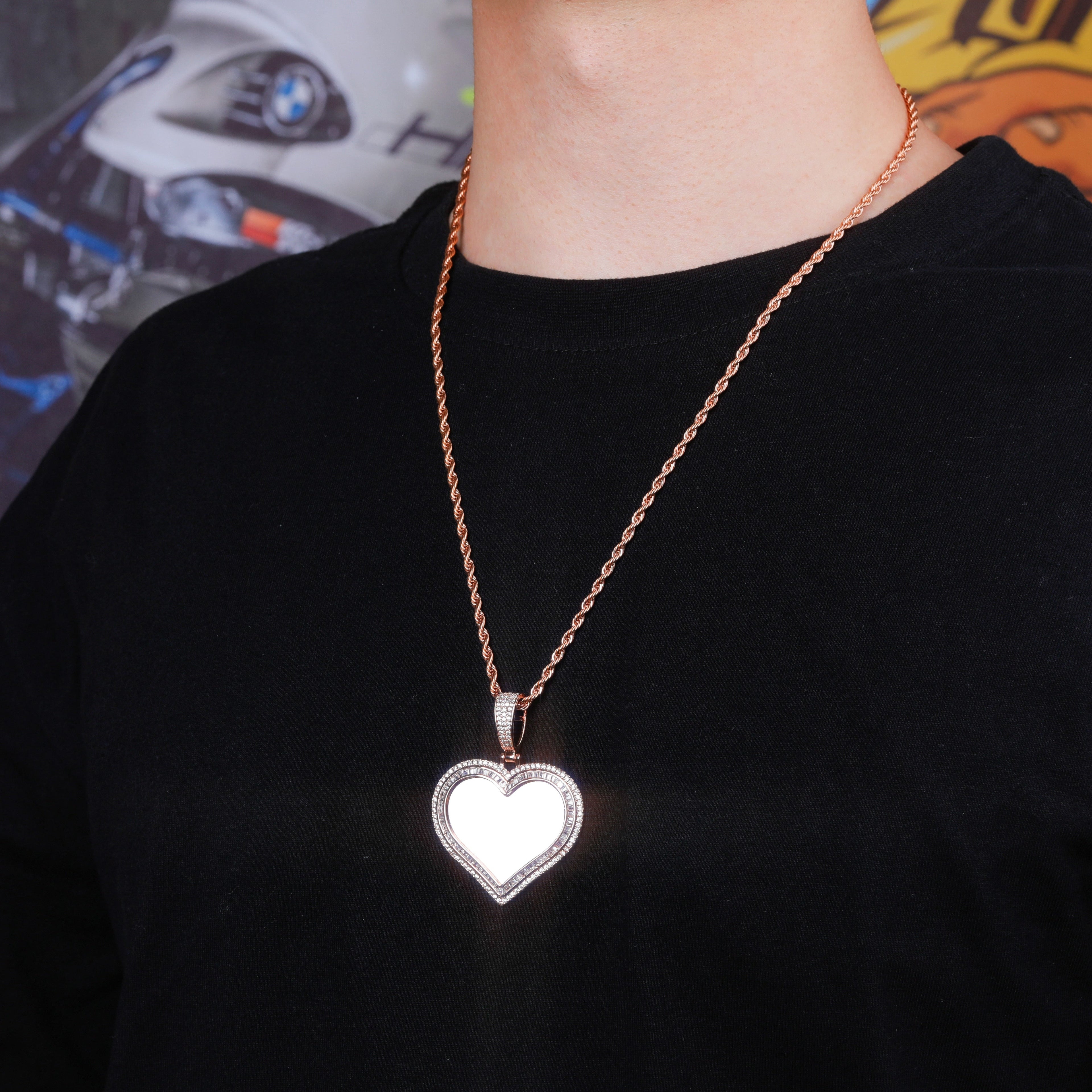 Custom Photo Pendant Heart-shaped Medal Necklace Iced Cubic Zirconia Pendant Hip Hop Jewelry