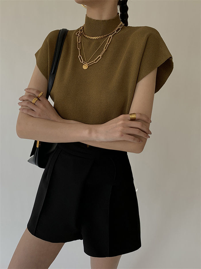 French Turtleneck Knitted Women Spring Summer Design Loose Short Sleeve Cropped Tops Female