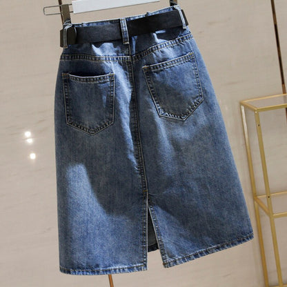 Denim Skirts with Belt Casual Loose High Waist Mid Length Skirts