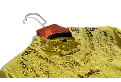 Embroidery Hollow Blouse Women Long Sleeve Imitation Silk Top Loose Vintage Shirt Plus Size